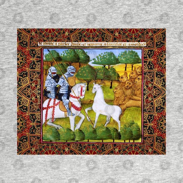 Lancelot and Mordred Crossing a White Stag Escorted by Lions,Arthurian Legends Medieval Miniature by BulganLumini